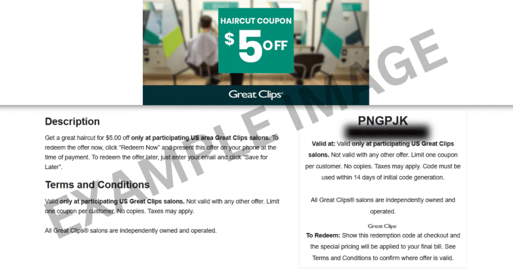 Great Clips $5 off coupons page with coupon code example page