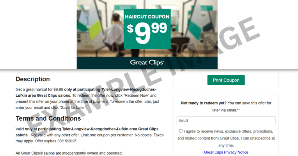 Great Clips $9.99 printable coupon example page