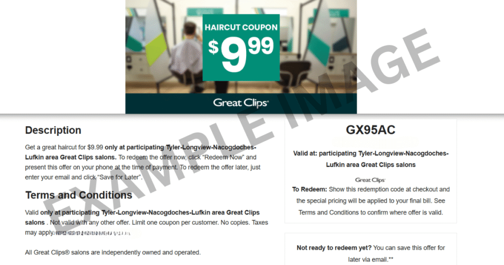 Great Clips $9.99 printable coupon code example page