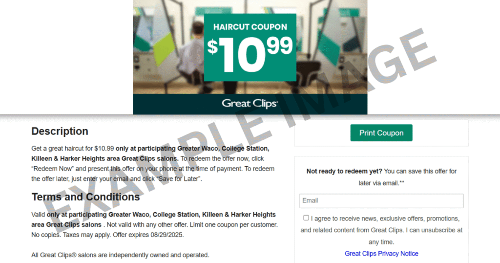 Great Clips $10.99 Coupons example page