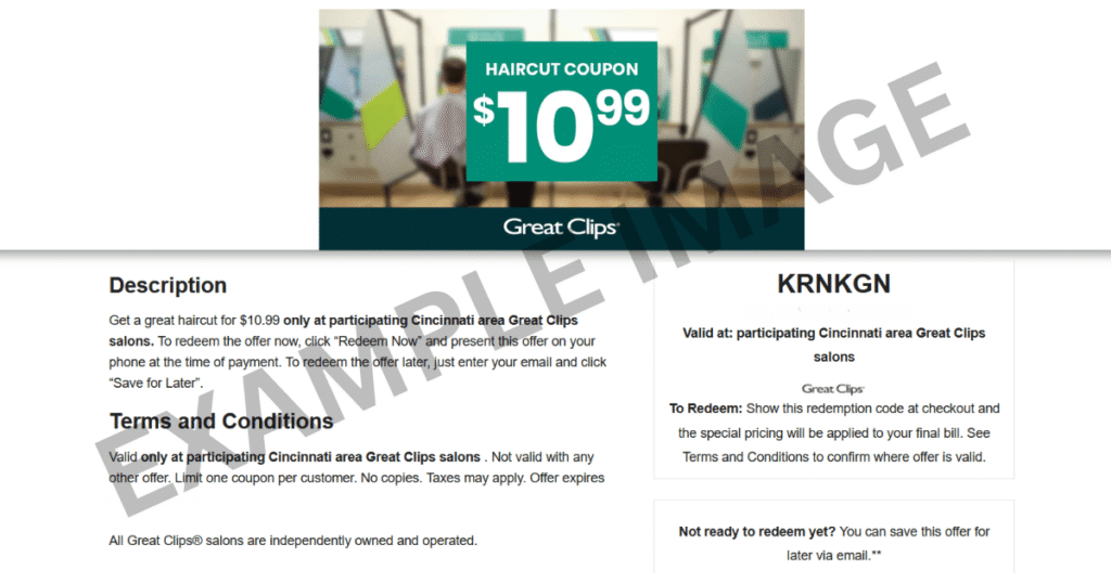 Great Clips $10.99 Coupon code example page